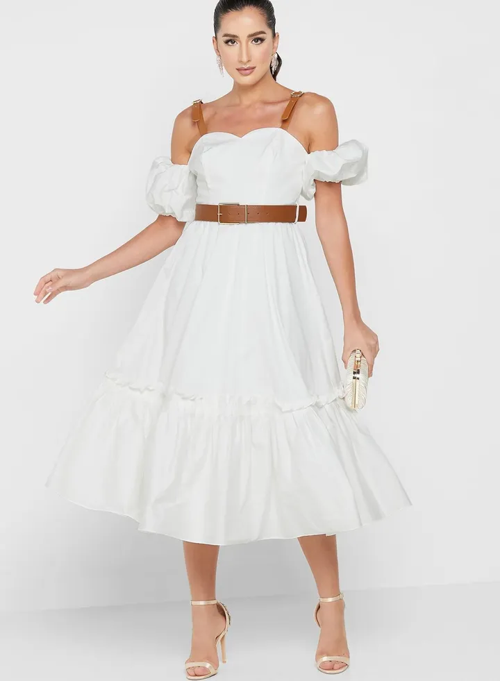 Balloon Sleeve Tiered Belted Dress