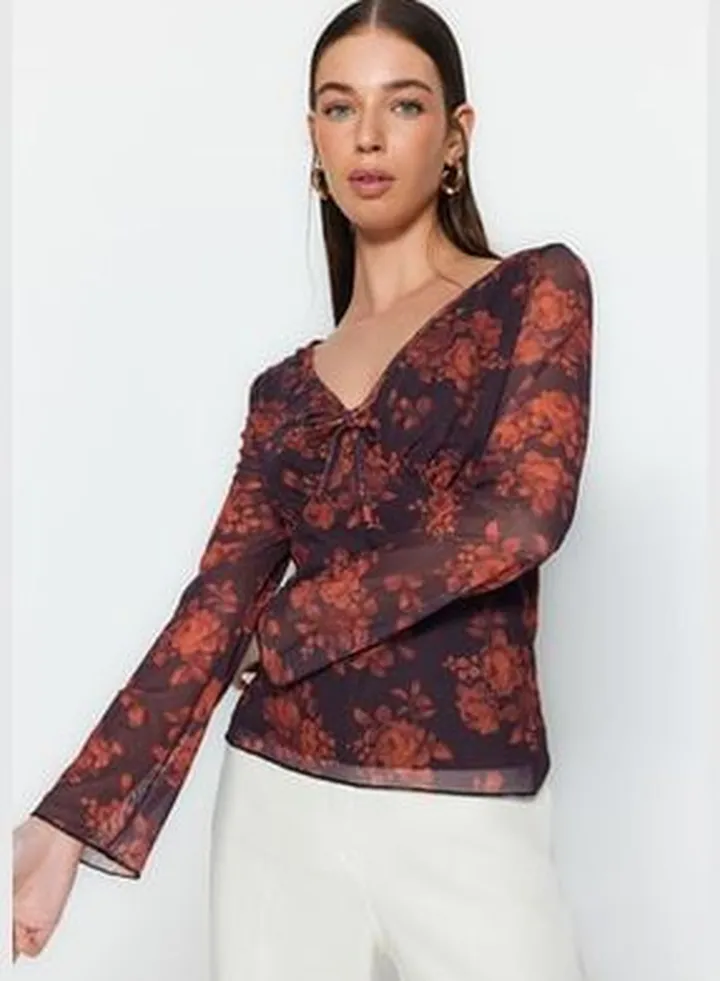 Brown Floral Print V-neck Tie Detailed Long Sleeve Tulle Stretch Knitted Blouse TWOAW24BZ00137