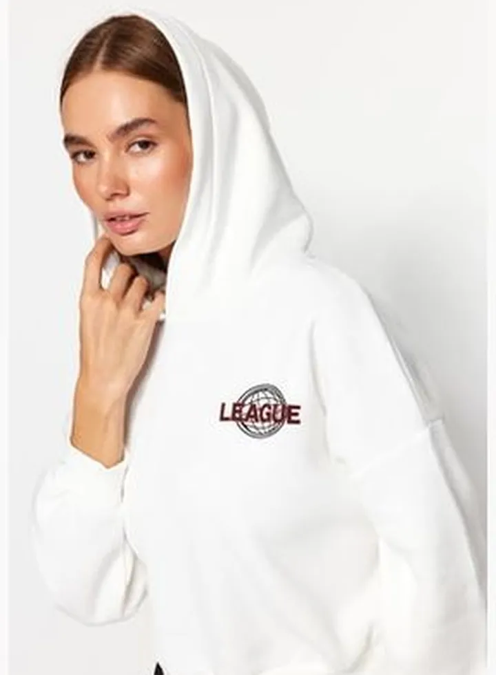 Ecru Print Detailed Hoodie, Rayon Knitted Knitted Sweatshirt.