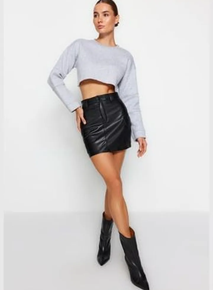 Black Faux Leather Cargo With Pocket High Waist, Fitted Mini Skirt TWOAW24ET00148