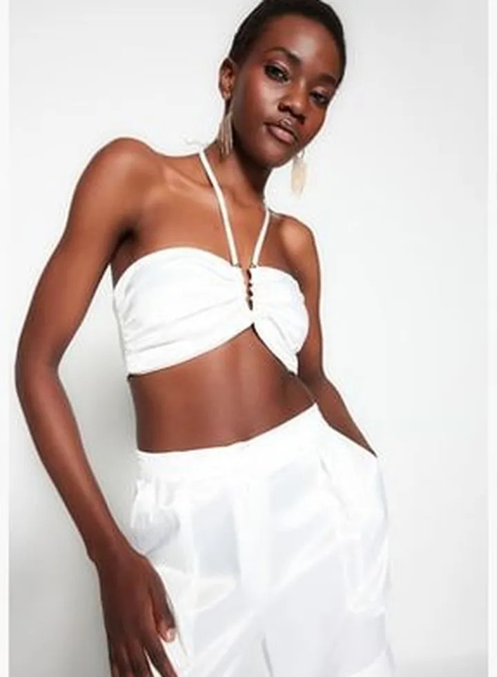 Ecru Crop Lined Woven Accessorie Satin Bustier TPRSS23BS00024