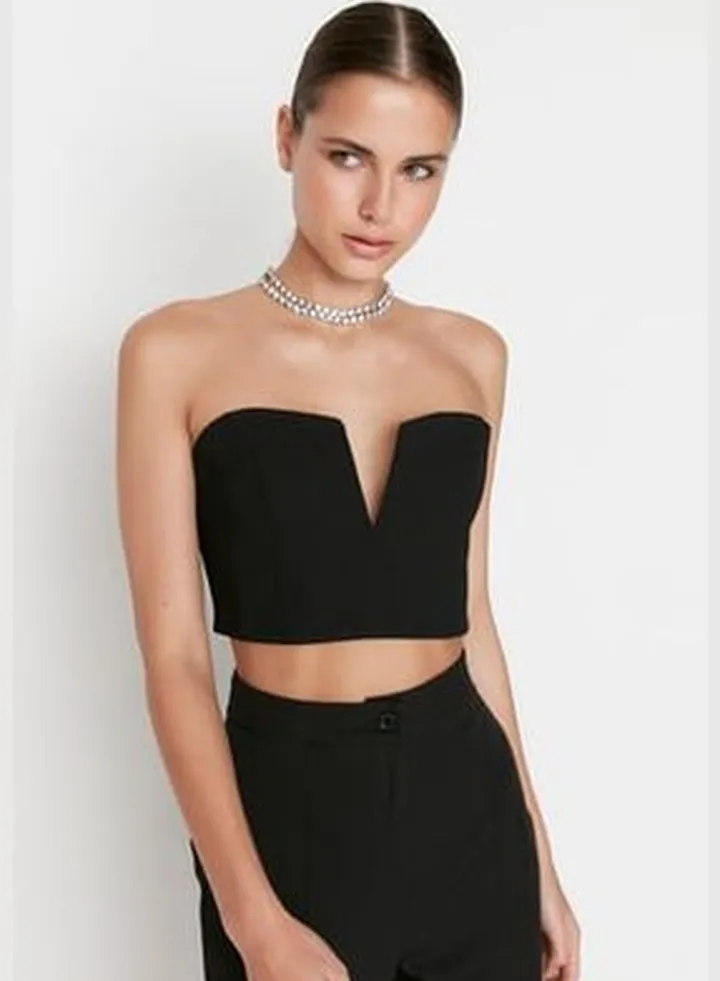 Black Crop Lined Woven Bustier TPRSS22BS0065