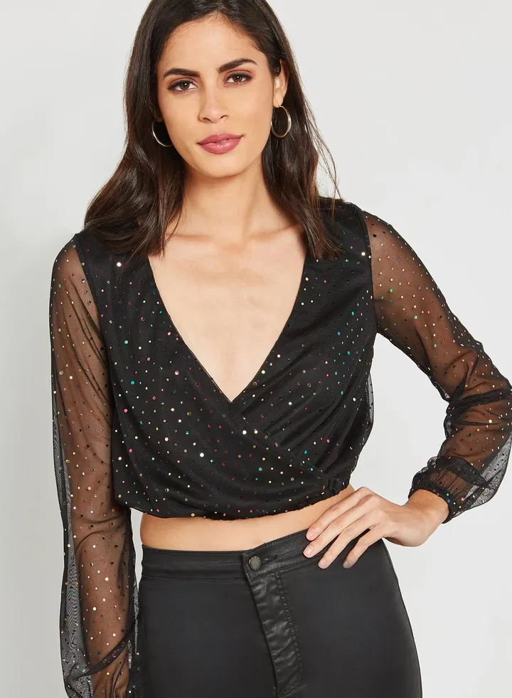 Mesh Sleeve Wrap Top