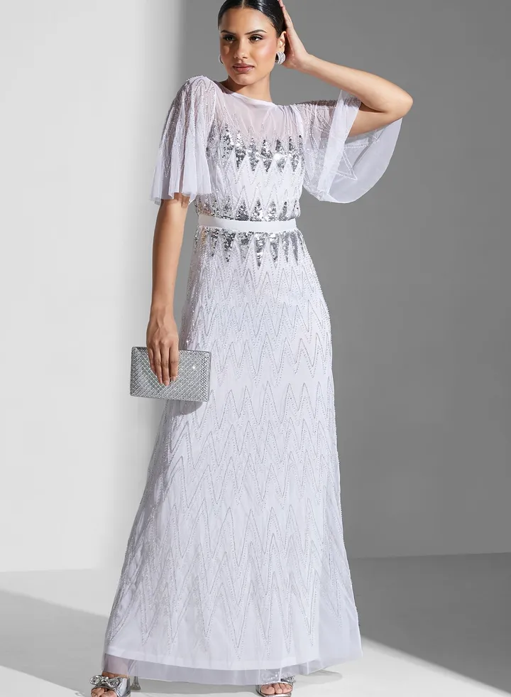 Tiered Cape Sleeve Sequin Dress