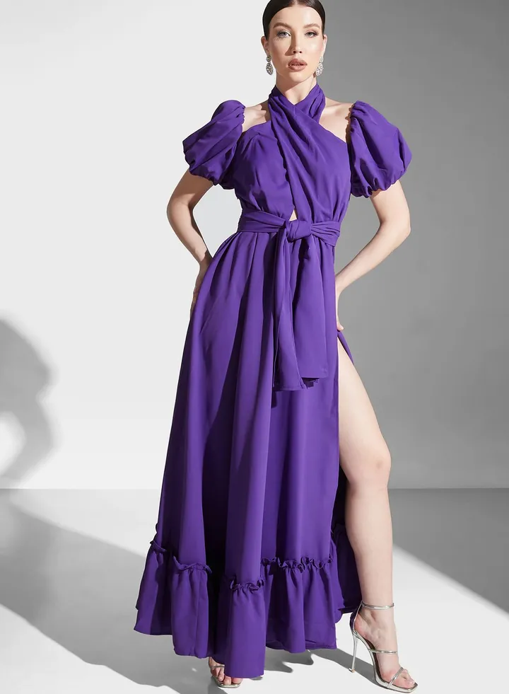 Halter Neck Cut Out Detail Ruffle Dress