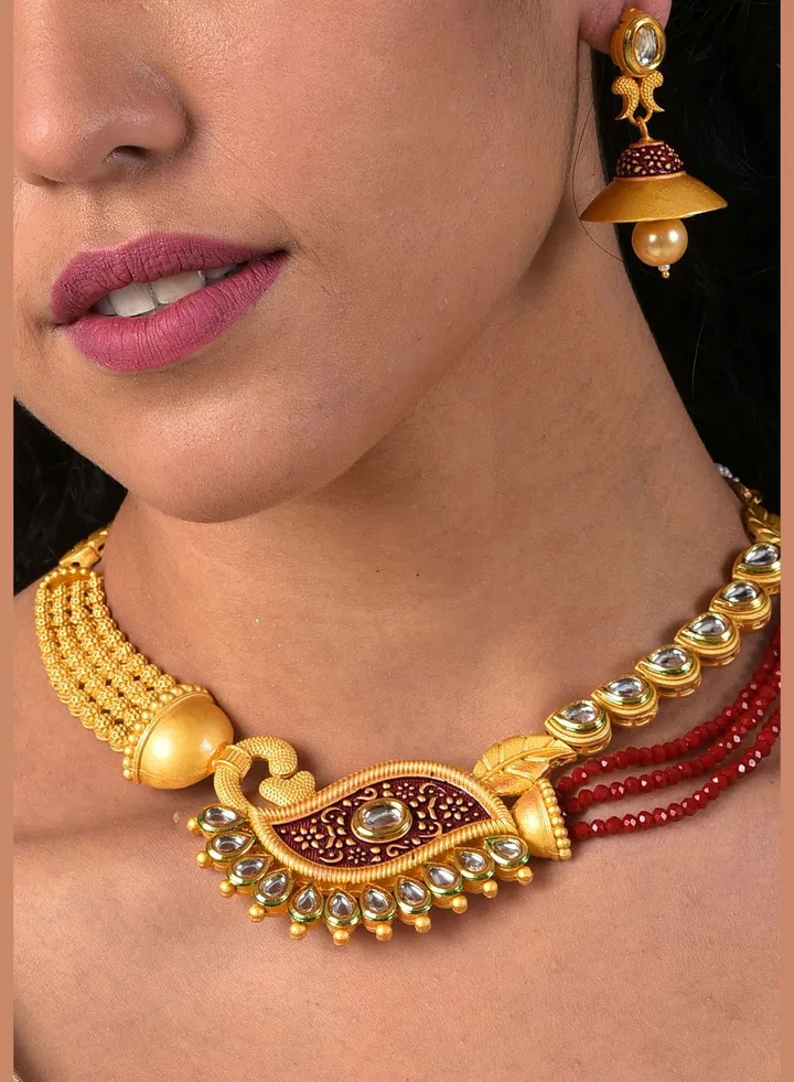 Gold Plated Designer Stone Beaded Necklace and Earrings Set