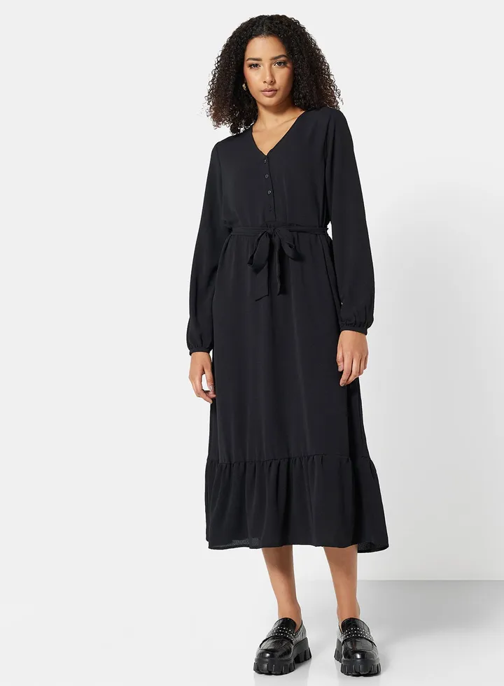 Belted Ruffle Midi Dress