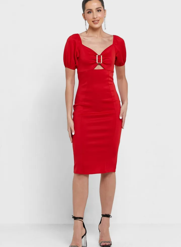 Gold Buckle Detail Cut Out Bodycon Dress