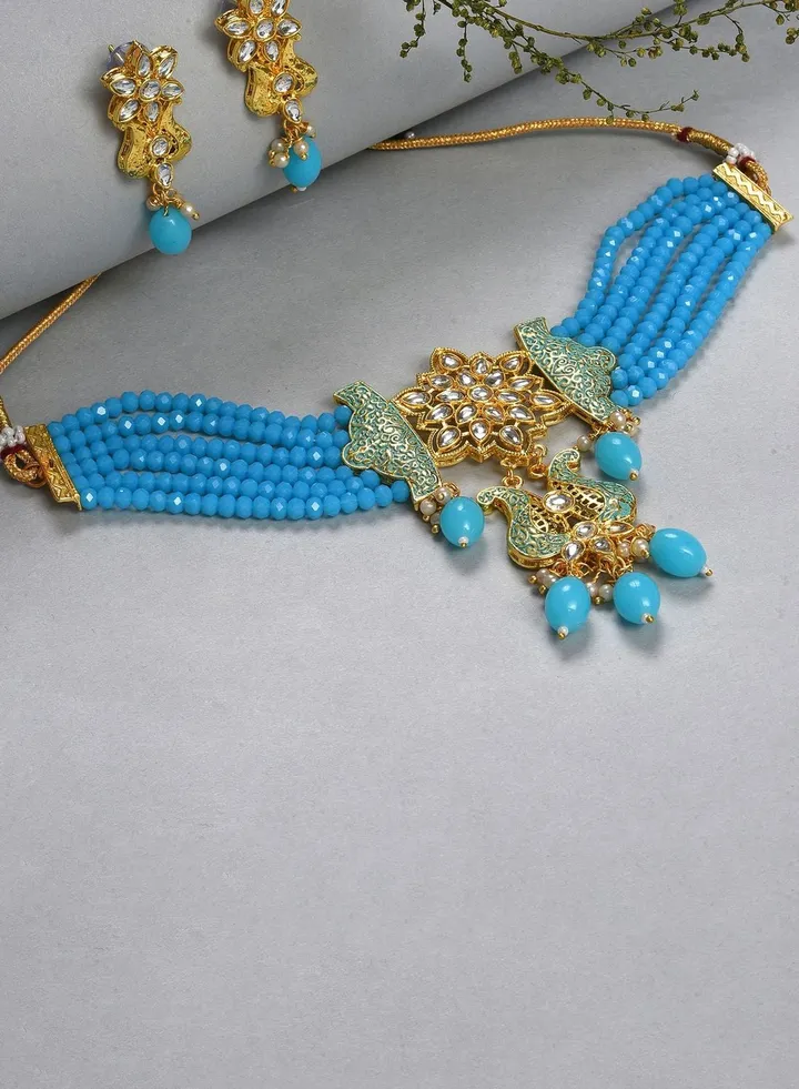Gold Plated Designer Stone Beaded Necklace and Earrings Set