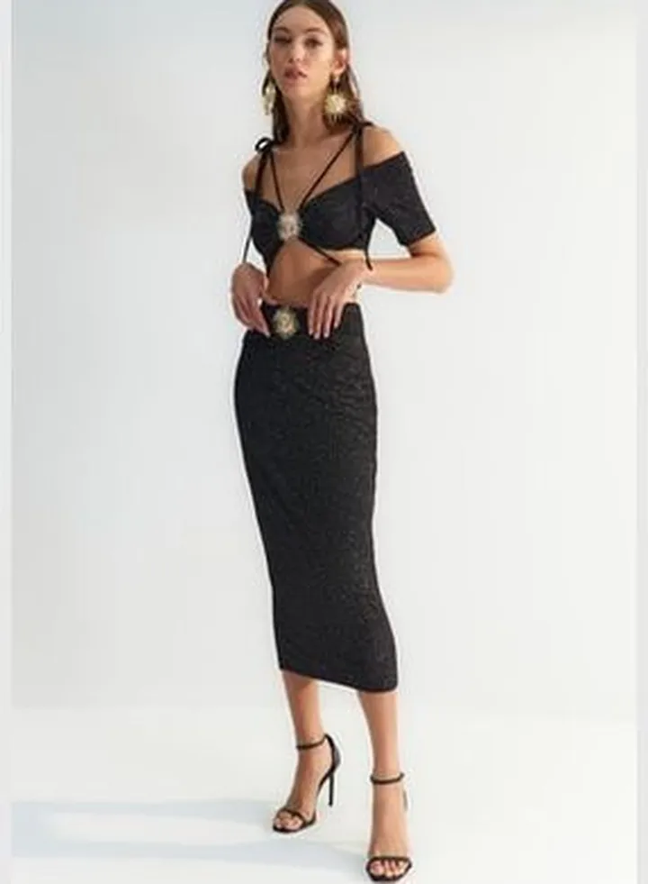 X Zeynep Tosun Black Sunglasses Glittery Knitted Skirt TCLSS23ET00009.