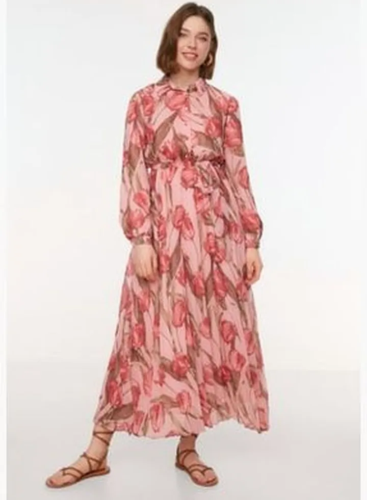 Pink Floral Pattern Shirt Collar Belted Lined Chiffon Woven Dress