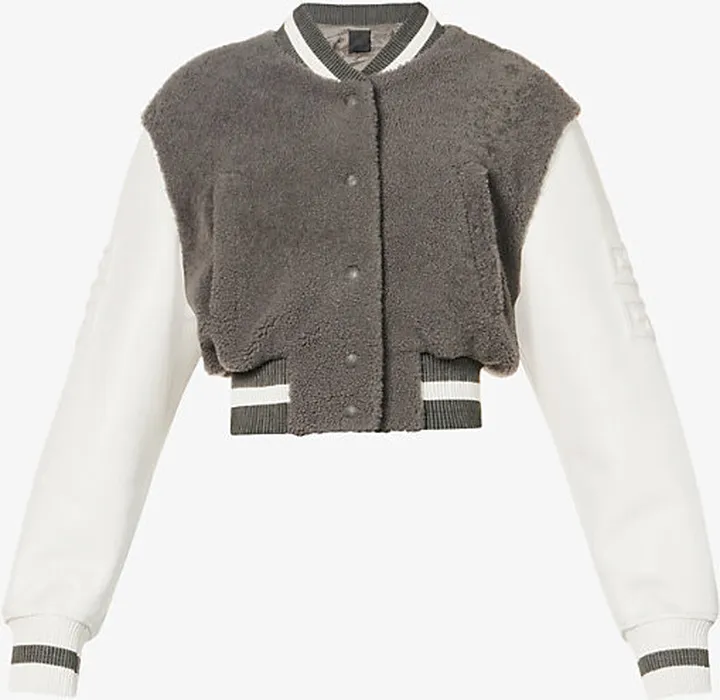 Womens Grey White Cropped Logo-embossed Slim-fit Shearling Jacket