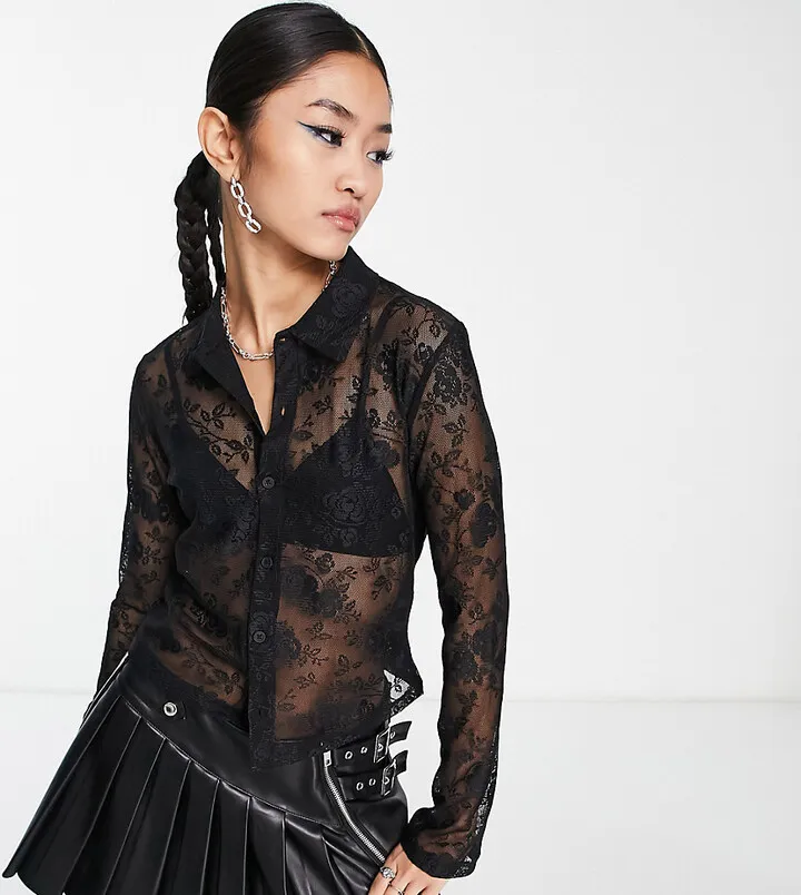 COLLUSION unisex long sleeve lace shirt in black