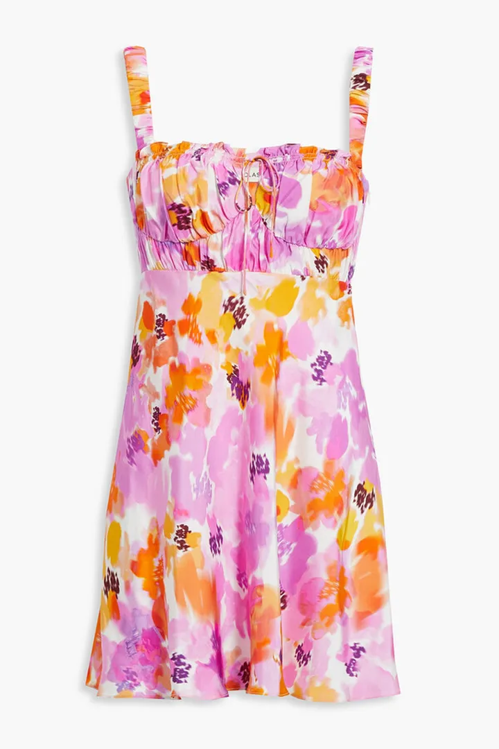 Simie gathered floral-print satin-twill mini dress