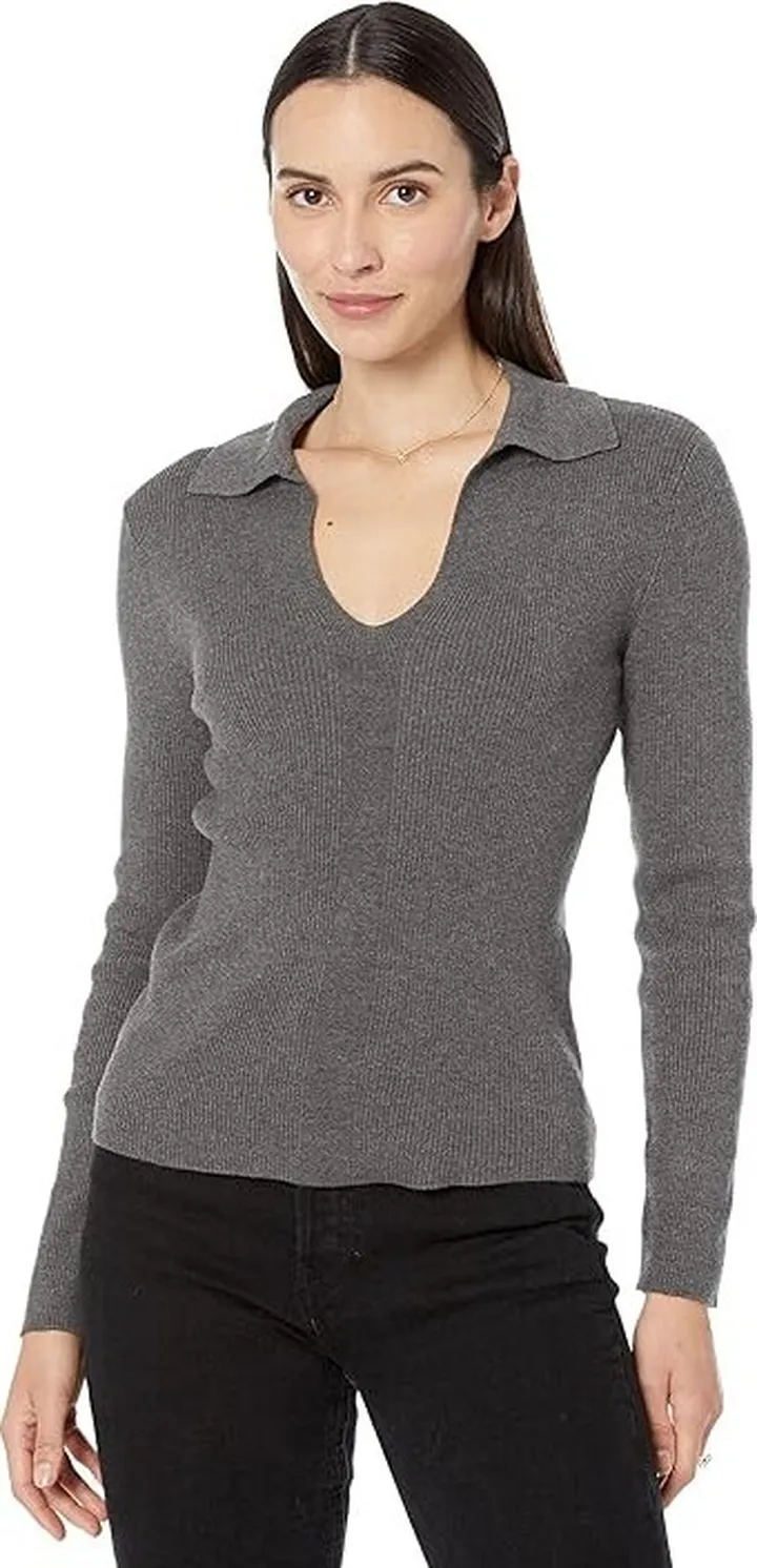Calvin Klein Rib V-Neck with Collar (Heather Charcoal) Women's Clothing