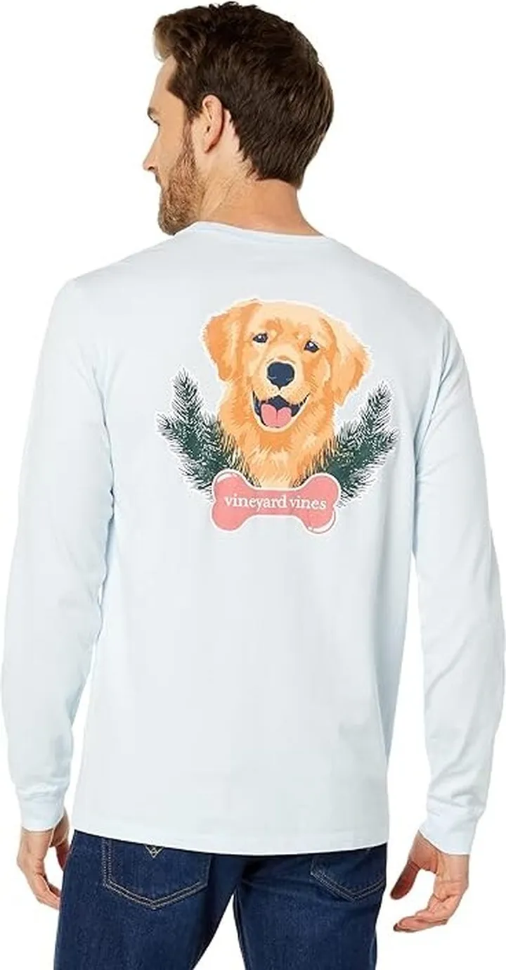 Vineyard Vines Merry Christmas Pup Long Sleeve Tee (Ice Water) Men's Clothing