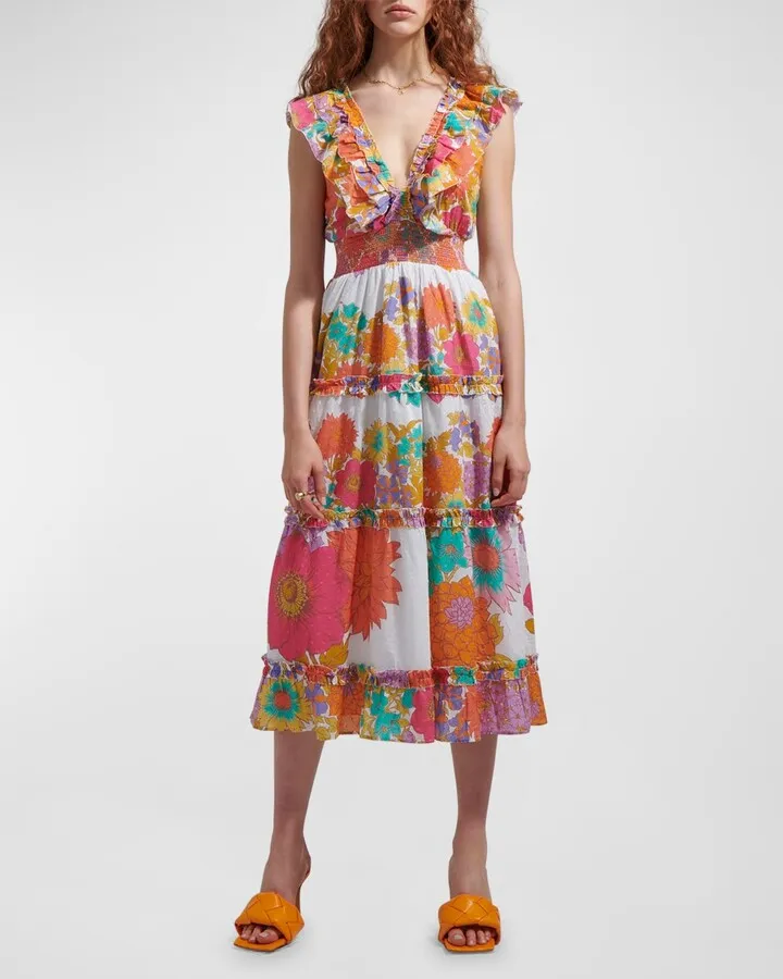 Azalea Floral Cotton Tiered-Ruffle Midi Dress