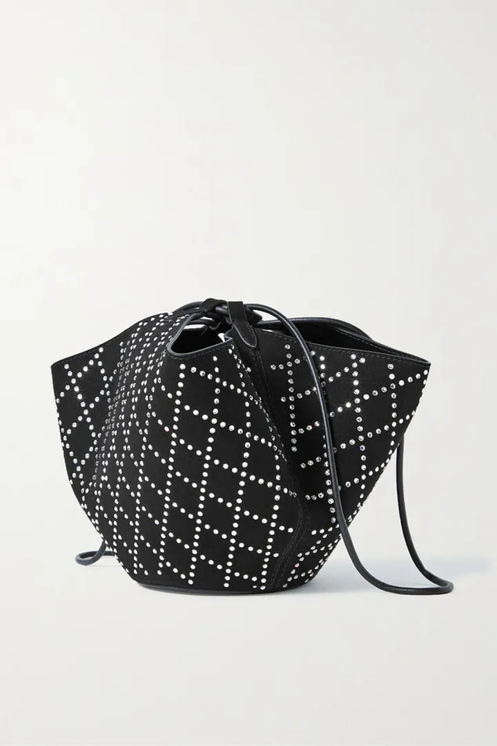 Khaite - Lotus Mini Leather-trimmed Crystal-embellished Suede Shoulder Bag - Black