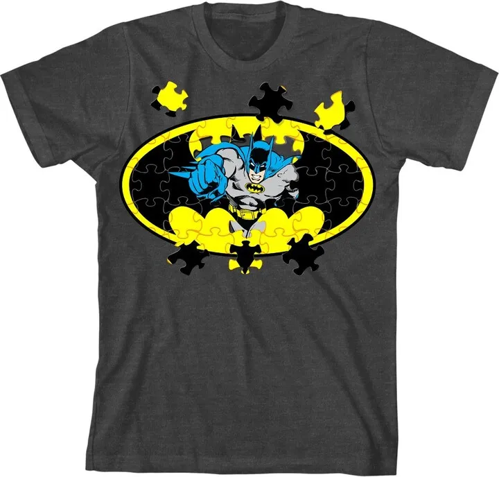 Batman Jigsaw Puzzle Bat Signal Youth Charcoal Heather Graphic Tee-Medium