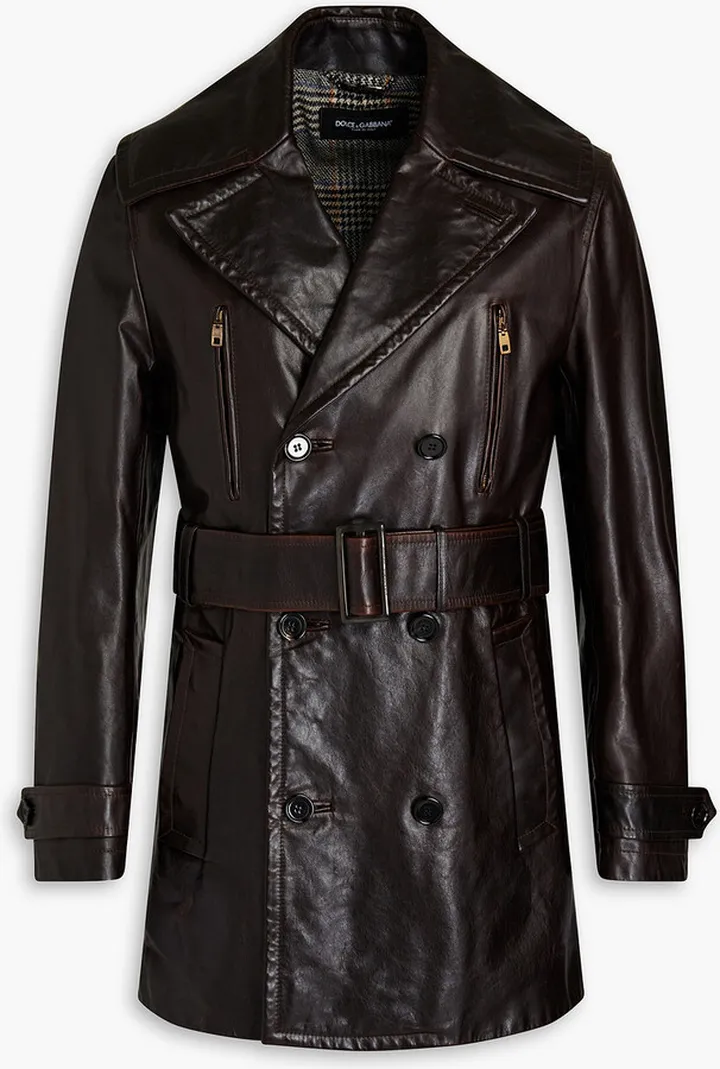 Double-breasted belted leather coat