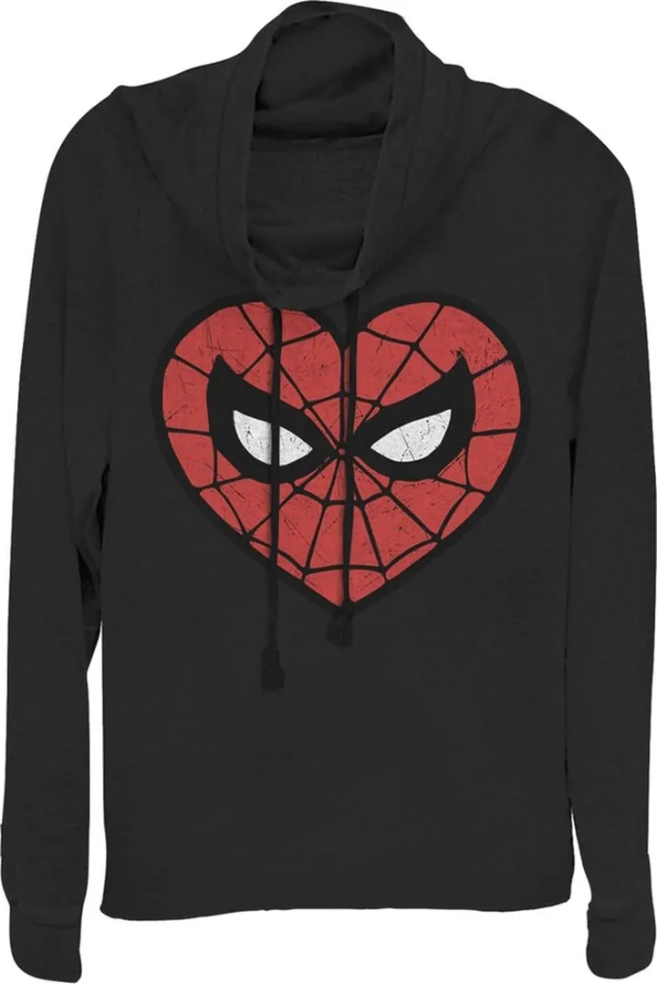 Junior's Marvel Valentine's Day Spider-Man Heart Mask Cowl Neck Sweatshirt - Black - X Small