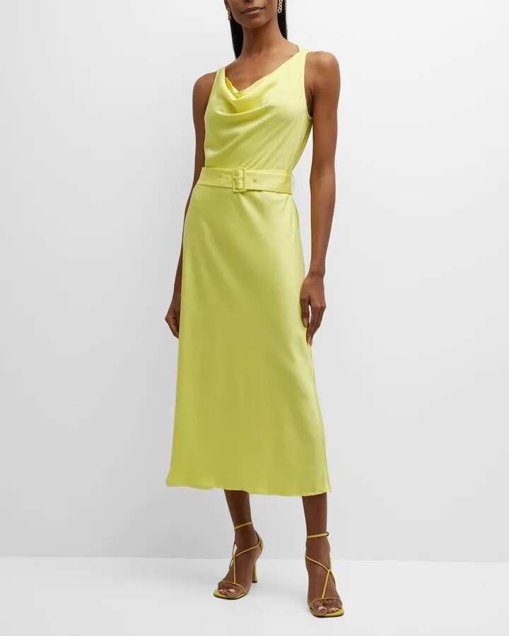 Cowl-Neck Belted Satin Bias Midi Slip Dress