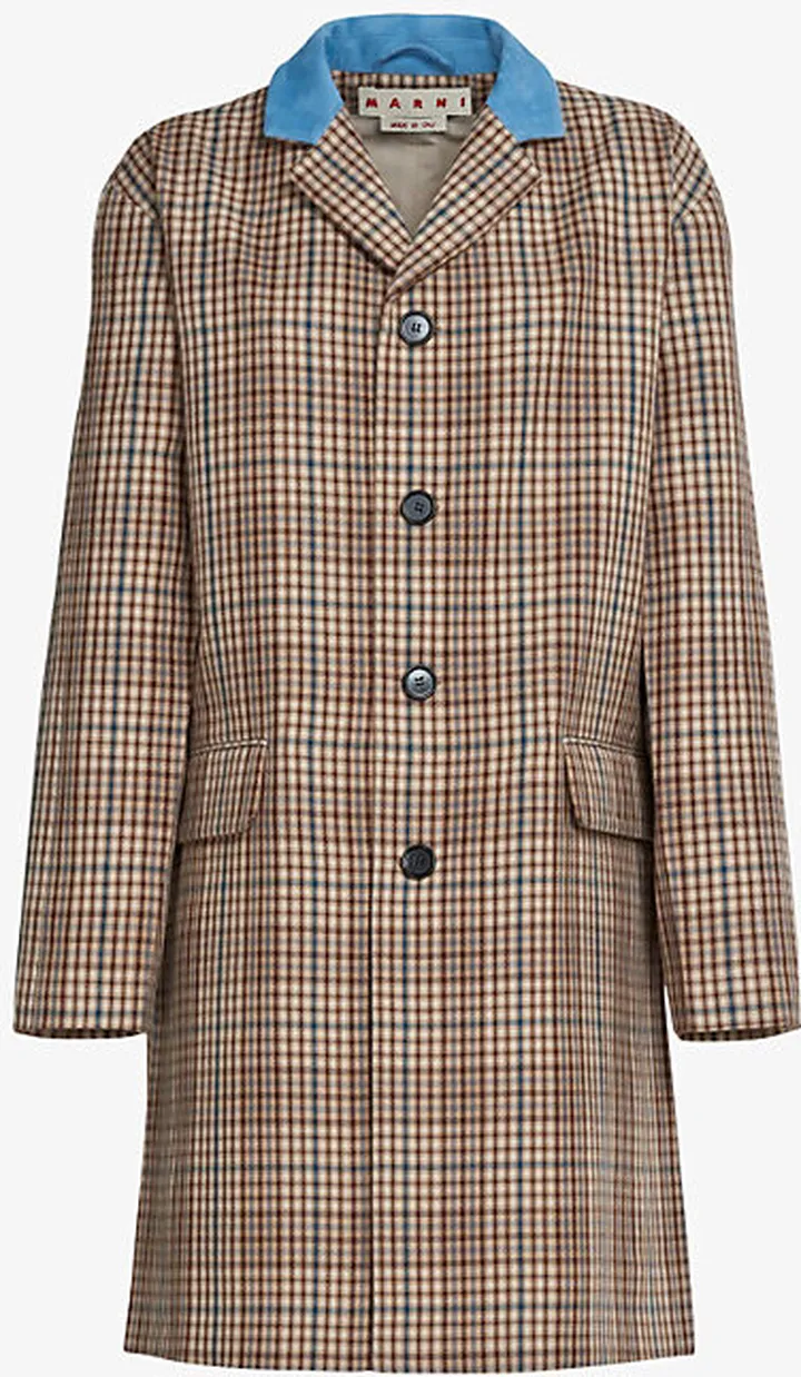 Womens Sesame Single-breasted Checked Relaxed-fit Wool Coat