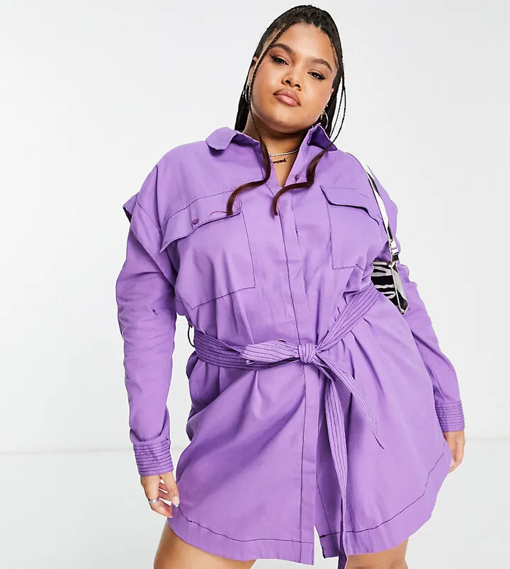 ASOS DESIGN Curve mini shirt dress with tie waist in bright purple