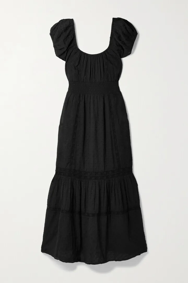 LoveShackFancy - Vernon Shirred Swiss-dot Embroidered Cotton Midi Dress - Black