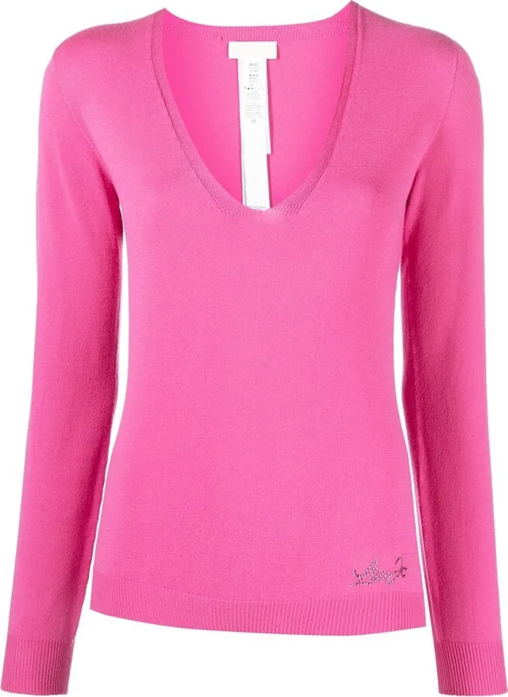 rhinestone-logo V-neck jumper