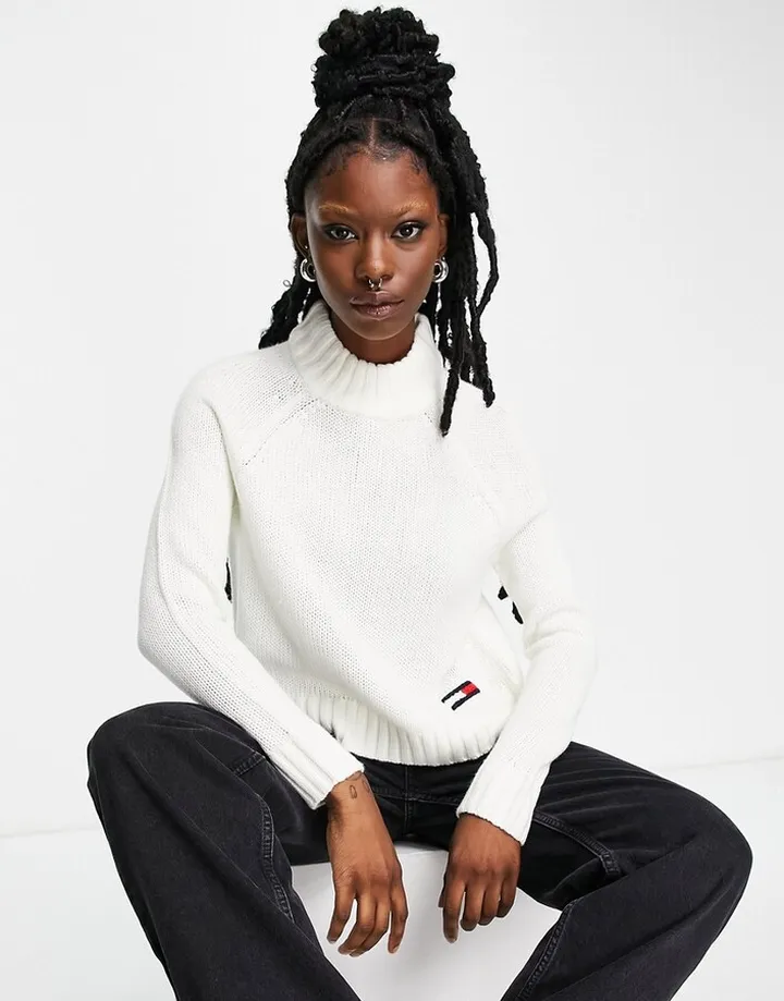 Tommy Jeans flag logo turtle neck sweater in ivory