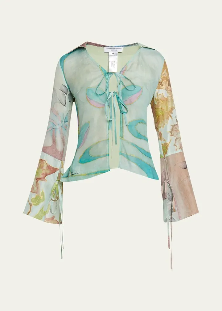 Watercolor-Print Tie Silk Scarves Top