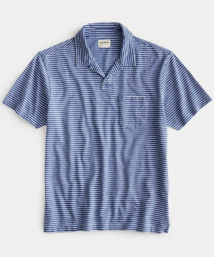 Striped Indigo Slub Jersey Montauk Polo in Bleached Indigo