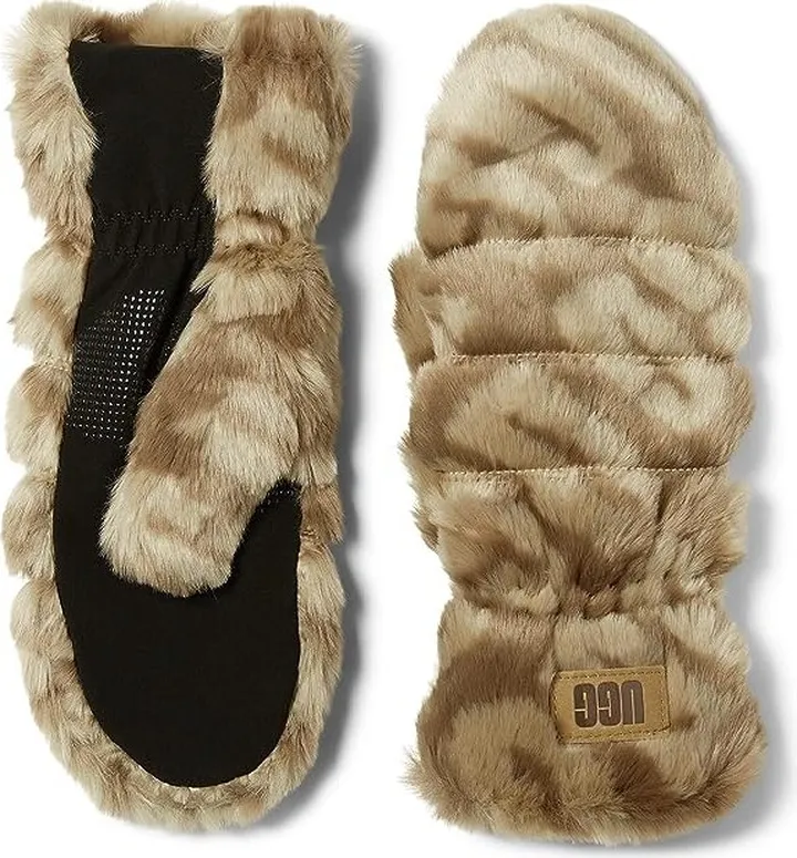 UGG Quilted Faux Fur Mitten (Brown Cream Logo) Extreme Cold Weather Gloves