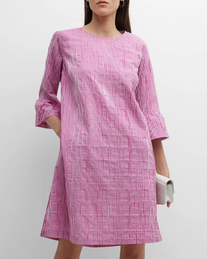 Crinkle Gingham Bell-Sleeve Dress
