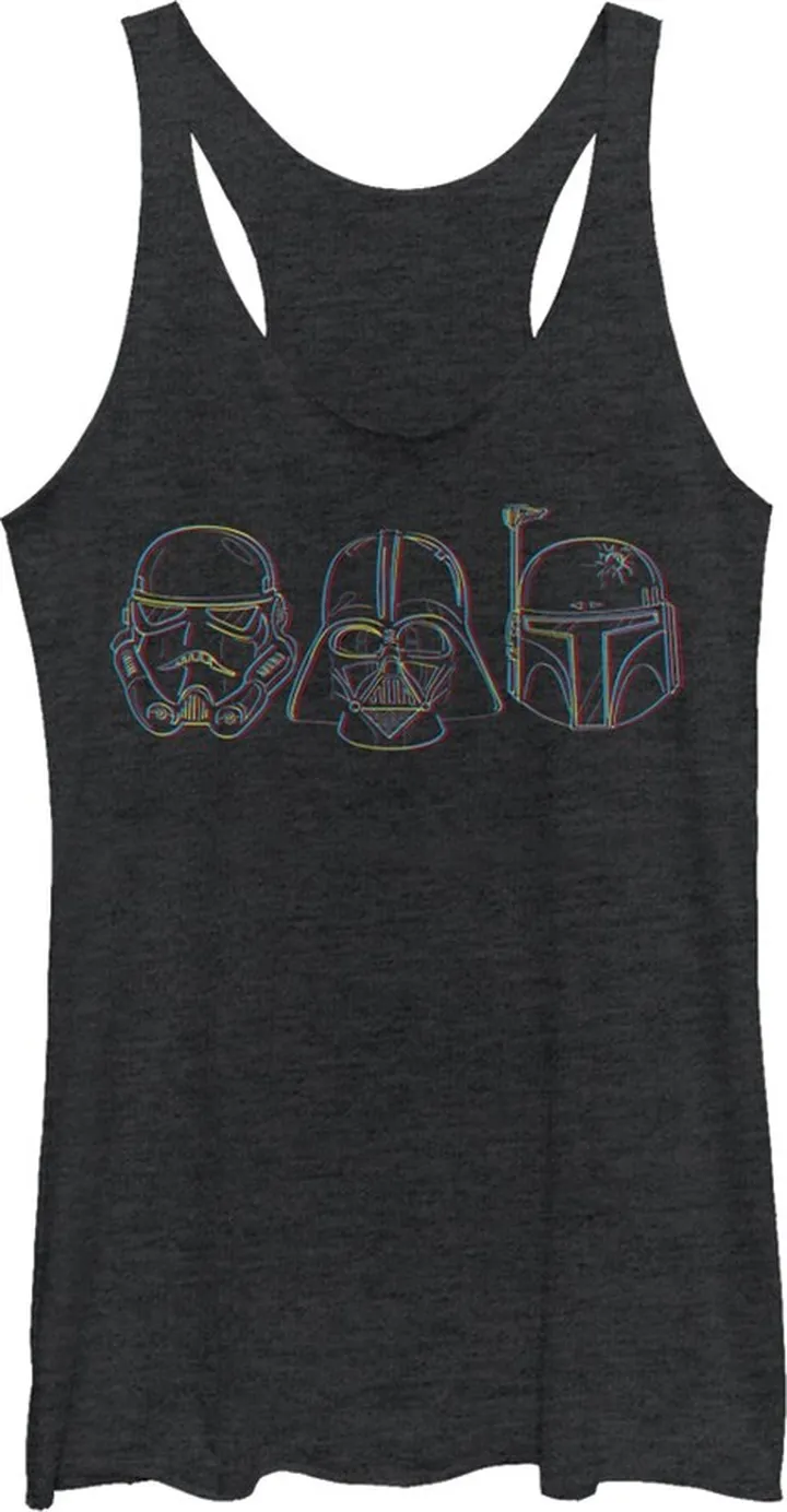 Women's Star Wars Stormtrooper Vader Fett Helmet Trio Racerback Tank Top - Black Heather - Medium