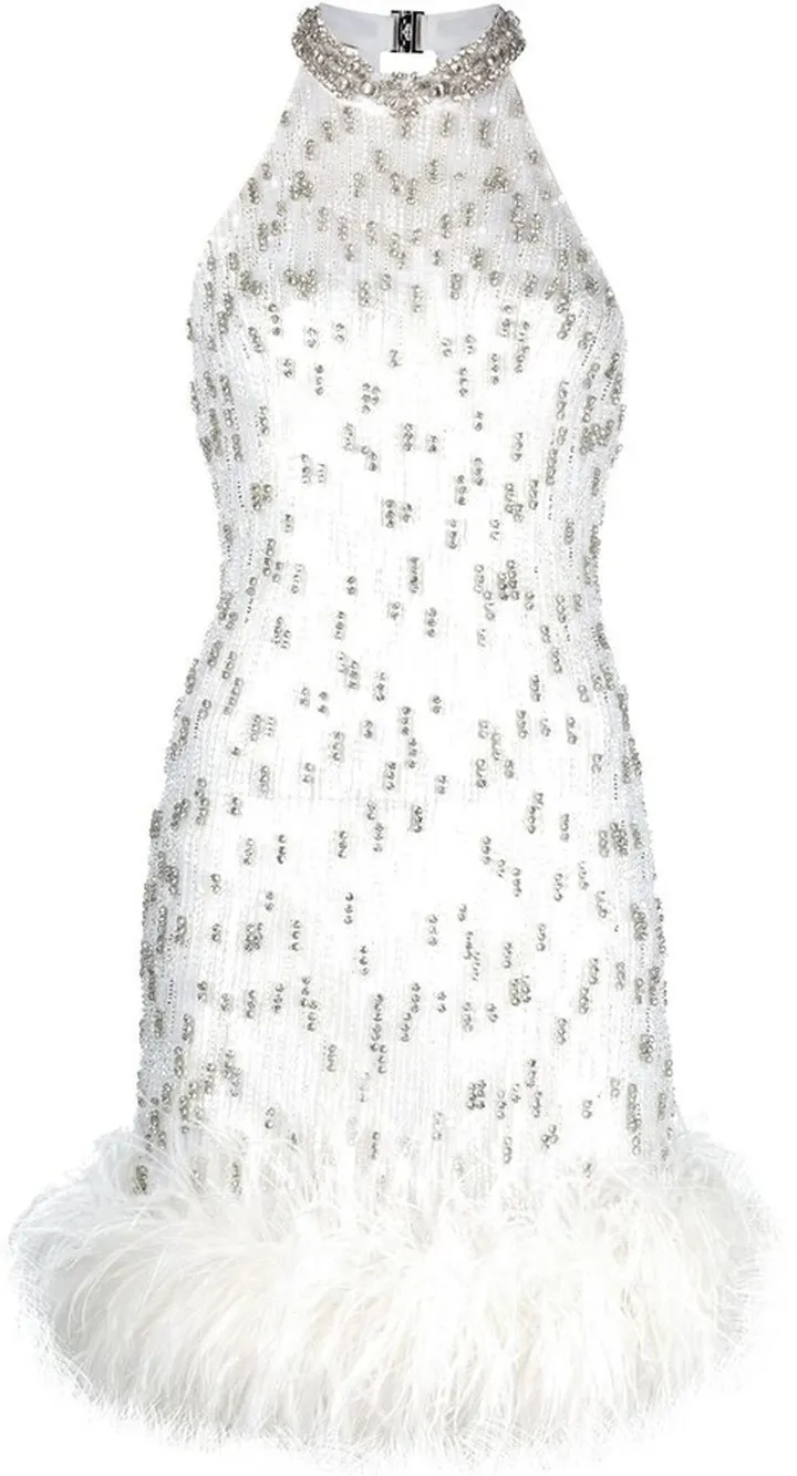 Feather-Detail Halterneck Dress