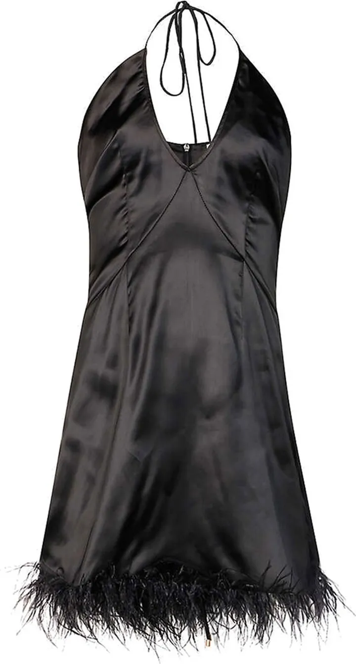 AMY LYNN - Aaesha Black Satin Faux Feather Trim Dress