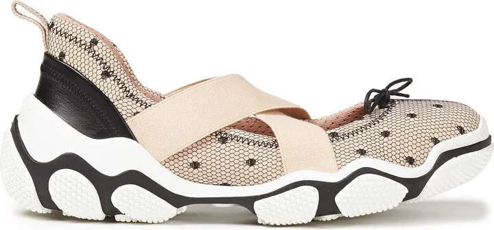Ballet leather-trimmed neoprene and point d'esprit sneakers