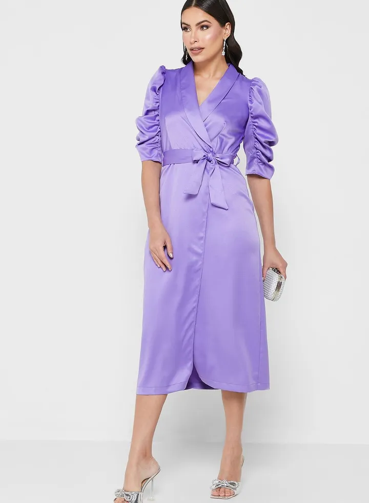 Gathered Sleeve Wrap Dress