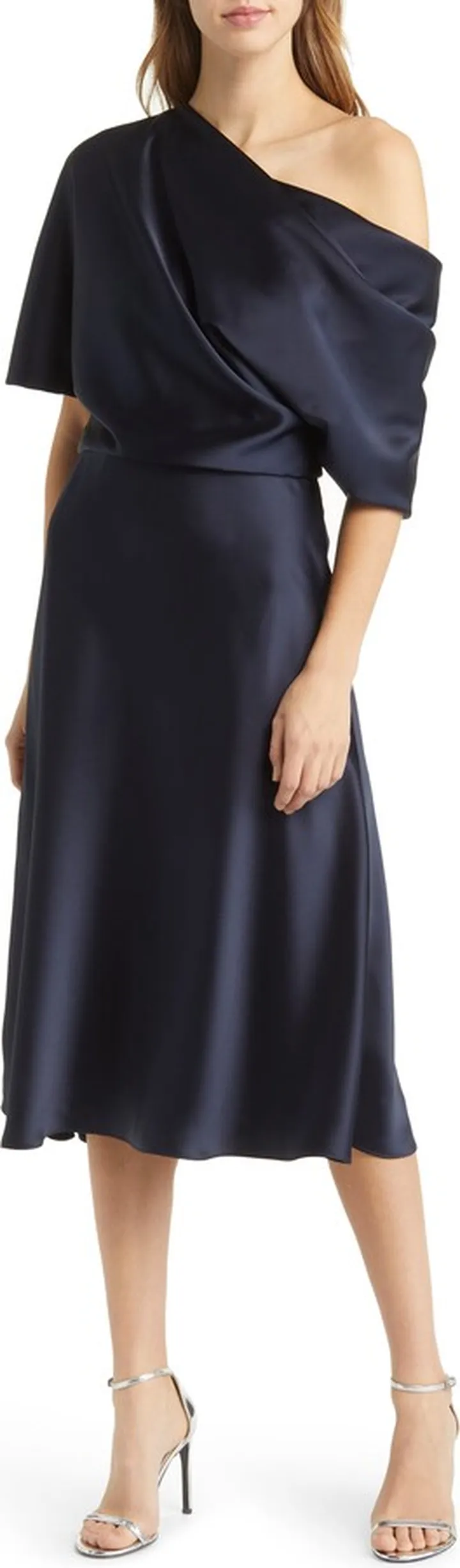 One-Shoulder Fluid Satin Cocktail Midi Dress