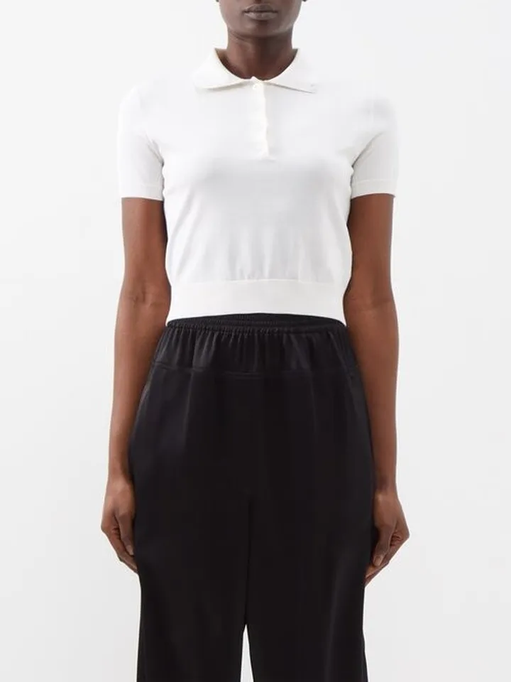 Logo-plaque Cropped Silk-blend Polo Shirt