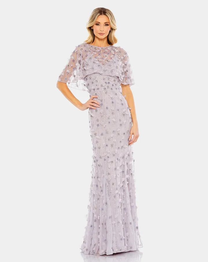 Embellished Illusion Cape Sleeve Trumpet Gown