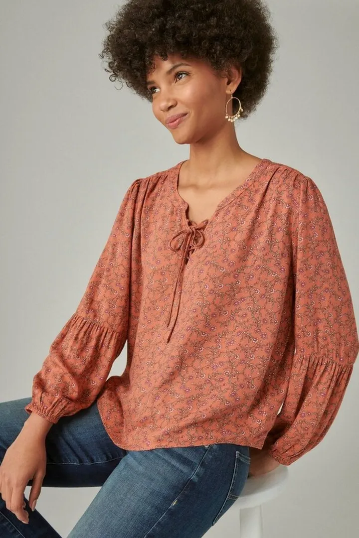 Long Sleeve Printed Lace Up Blouse