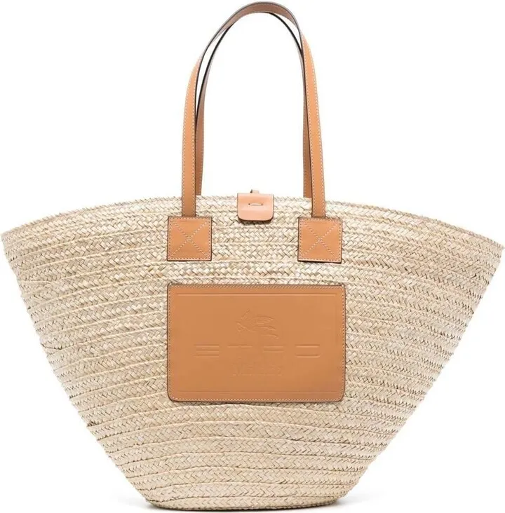 Beige Straw Beach Bag With Logo Patch In Straw And Leather Woman