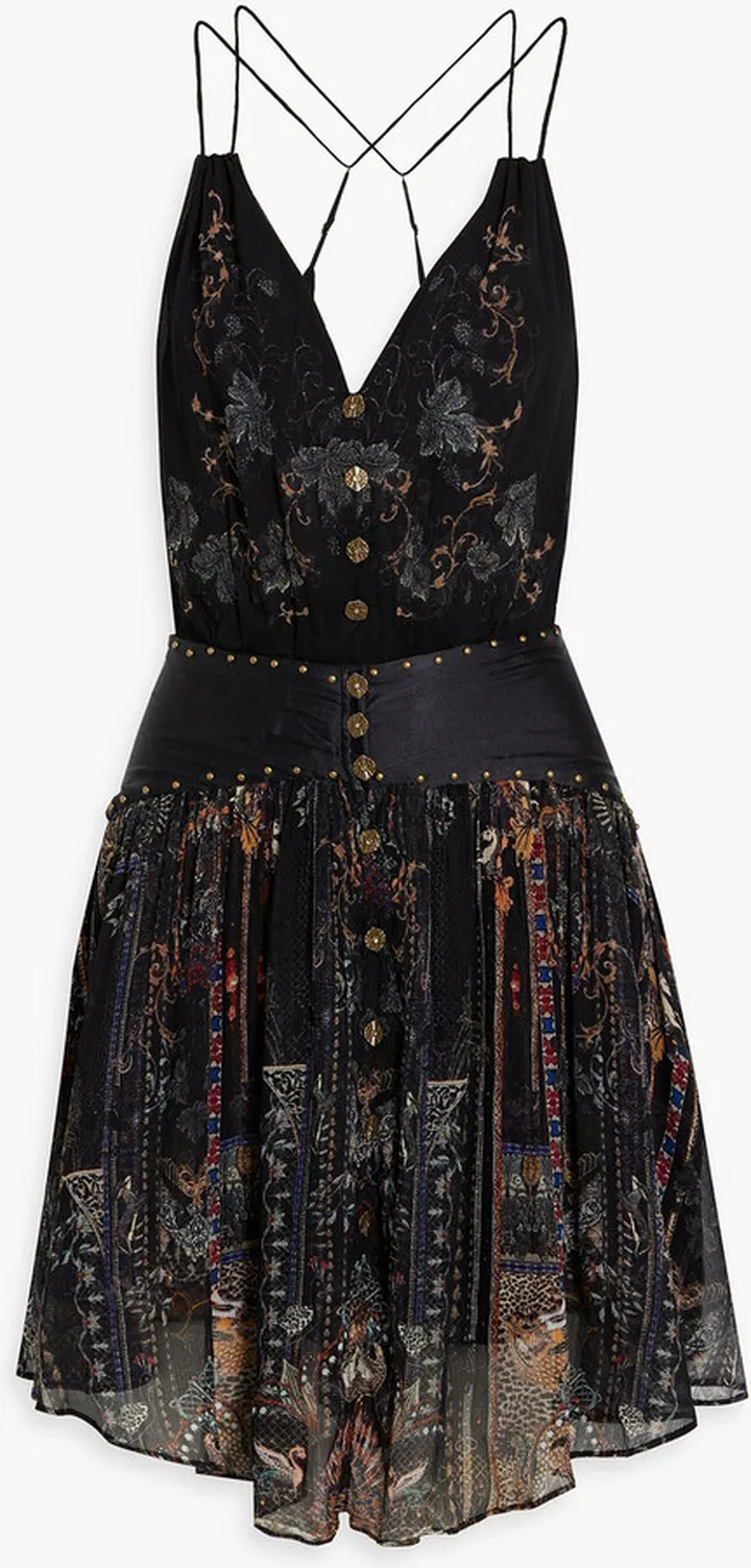 Studded printed silk-georgette mini dress