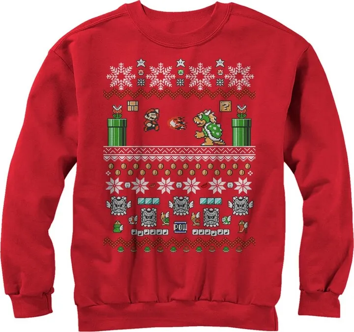 Men's Nintendo Ugly Christmas Mario and Bowser Sweatshirt - Red - X Large