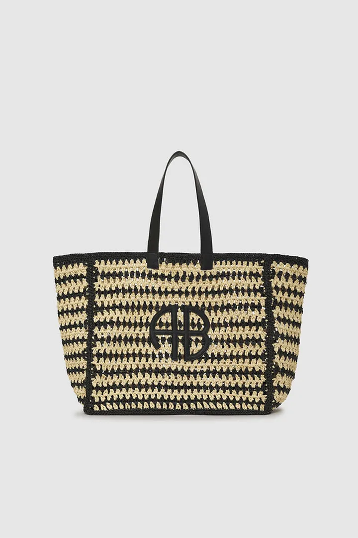ANINE BING Large Rio Tote in Black And Natural Stripe