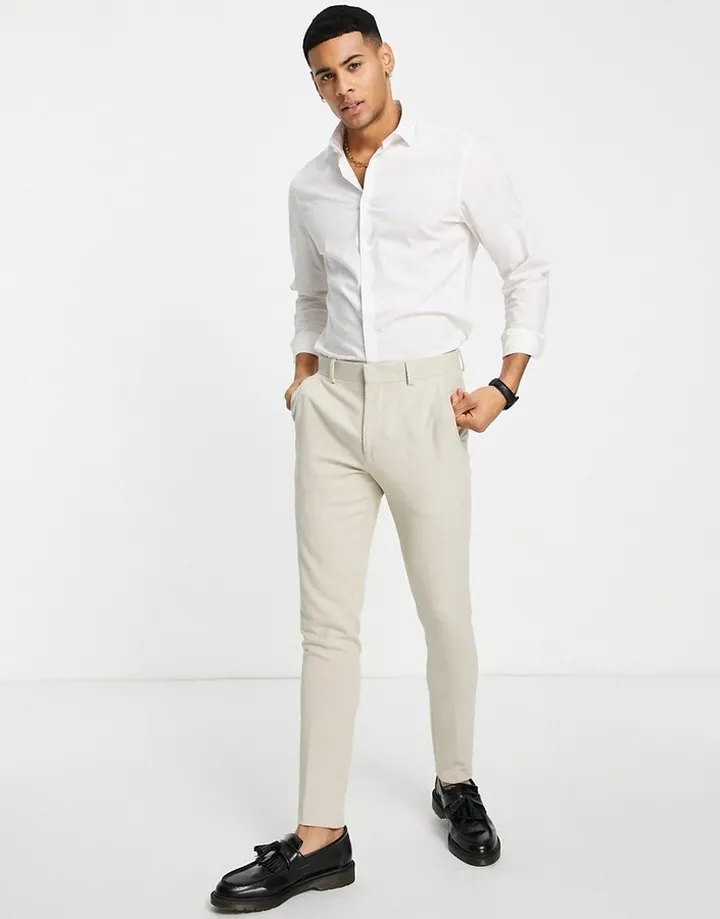 ASOS DESIGN wedding super skinny suit pants in stone brushed twill