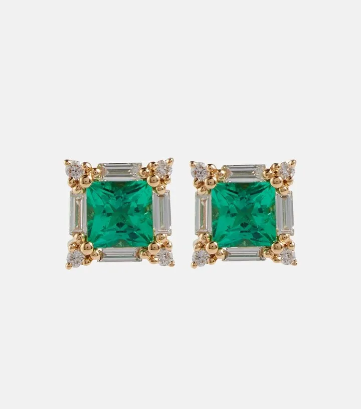 18kt Gold Earrings With Green Emeralds And Diamonds